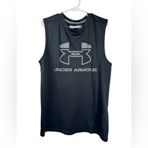 Under Armour Boys Sleeveless T-Shirt Tank Top Loose Fit Black UA Logo Heatgear M